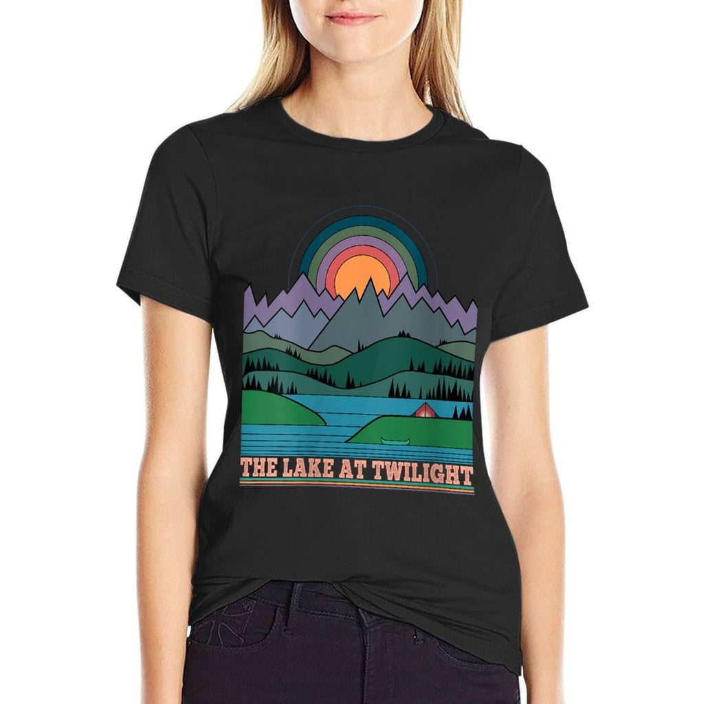 Womens Line Art Minimalist Design The Lake at Twilight  Slim-fit Cut T-Shirt