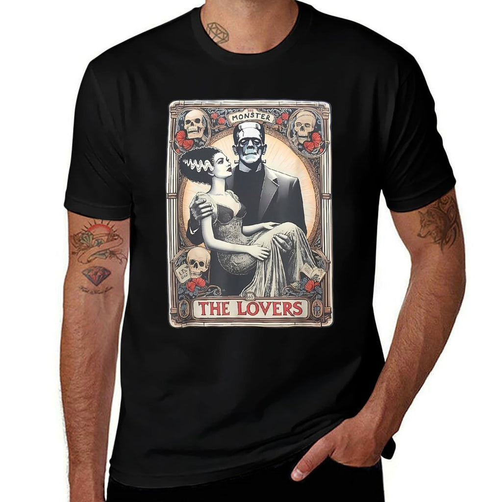 Retro Halloween Frankenstein Tarot Card - Unisex Adults - Black - Small - - Regular Fit - Cotton 100, Polyester Blend - Hallowe  Affordable Price T-Shirt